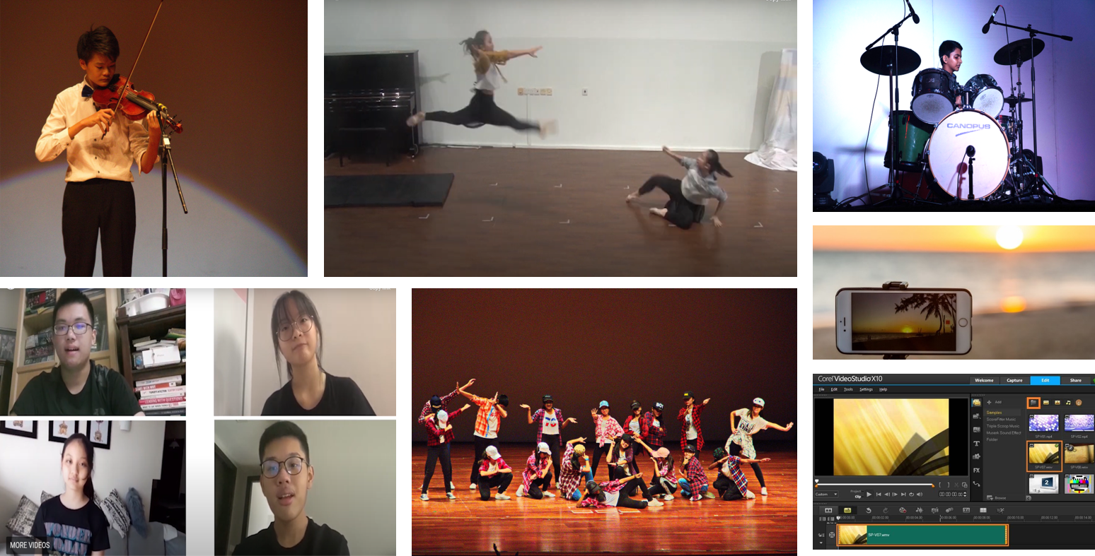 Collage of youth performing violin, dance, drumming, and video editing software on a screen.